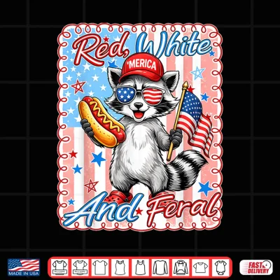 Design Preppy Red White and Feral Raccoon 4th of July Men Women Kid Shirt