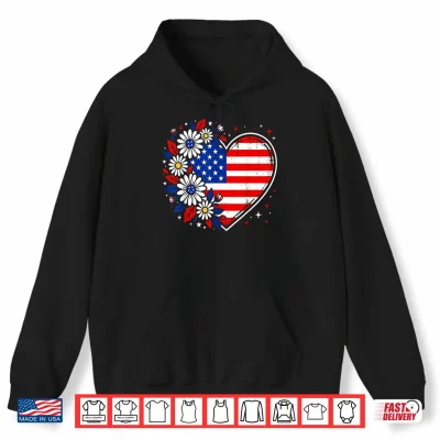Hoodie Patriotic Heart USA Flag Daisy Flowers 4th of July Summer Shirt