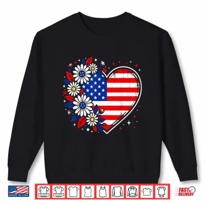 Sweatshirt Patriotic Heart USA Flag Daisy Flowers 4th of July Summer Shirt