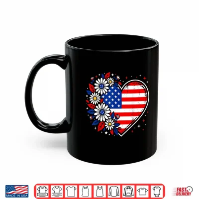 Mug Patriotic Heart USA Flag Daisy Flowers 4th of July Summer Shirt