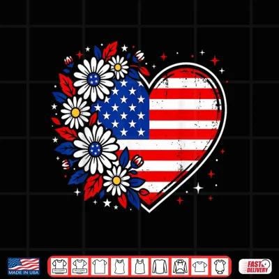 Design Patriotic Heart USA Flag Daisy Flowers 4th of July Summer Shirt