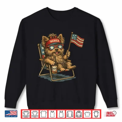 Sweatshirt Patriotic Yorkie Dog Drinking Beer American Flag 4th of July Shirt
