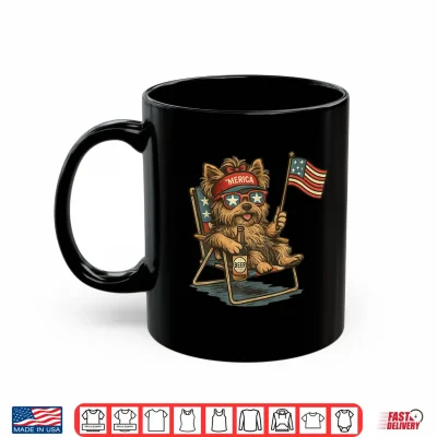 Mug Patriotic Yorkie Dog Drinking Beer American Flag 4th of July Shirt