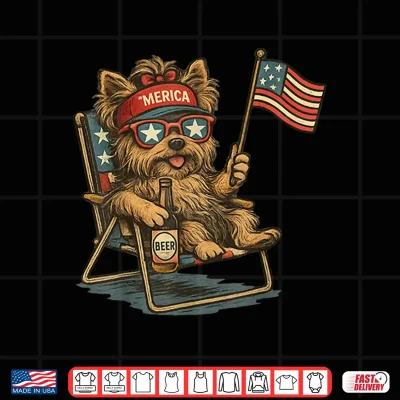 Design Patriotic Yorkie Dog Drinking Beer American Flag 4th of July Shirt