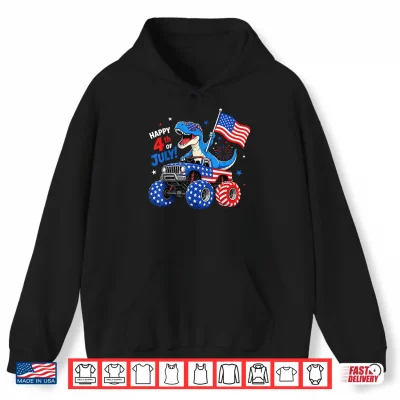Hoodie Patriotic Dinosaur Monster Truck 4th of July Toddler Boys Shirt