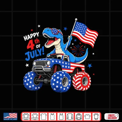 Design Patriotic Dinosaur Monster Truck 4th of July Toddler Boys Shirt