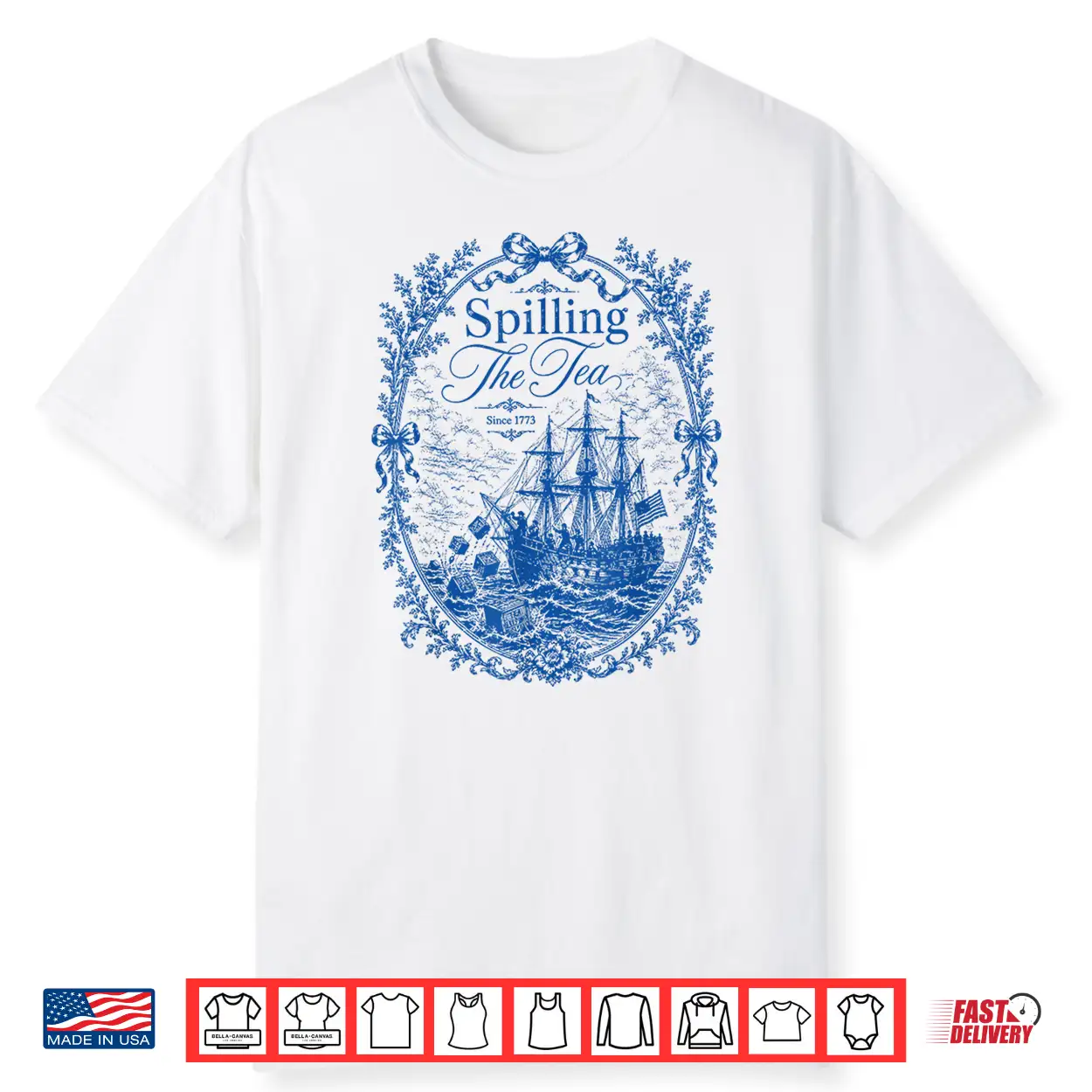 Blue Toile Spilling The Tea Since 1773 Party History Pun Shirt Blue Toile Spilling The Tea Since 1773 Party History Pun Shirt