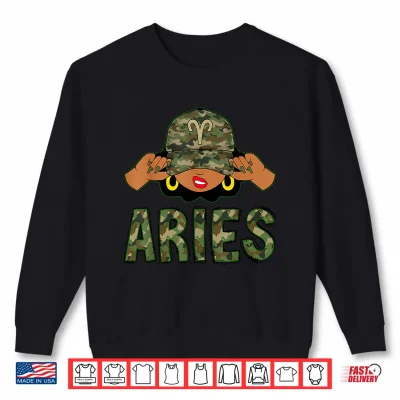 Sweatshirt Aries Queen Black Woman With Camo Cap Afro Girl Zodiac Shirt