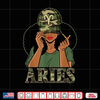Design Aries Girl Black Woman With Cap Camo Afro Woman Zodiac Shirt