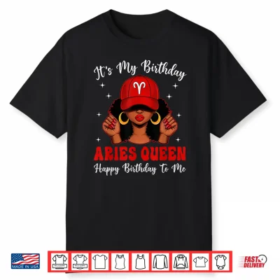 Aries Queen Afro Women Red Cap Black Girl Birthday Shirt