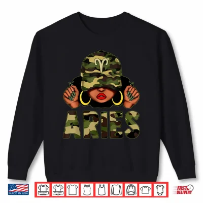 Sweatshirt Aries Queen Black Woman With Cap Camo Afro Girl Zodiac Shirt
