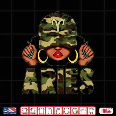 Design Aries Queen Black Woman With Cap Camo Afro Girl Zodiac Shirt