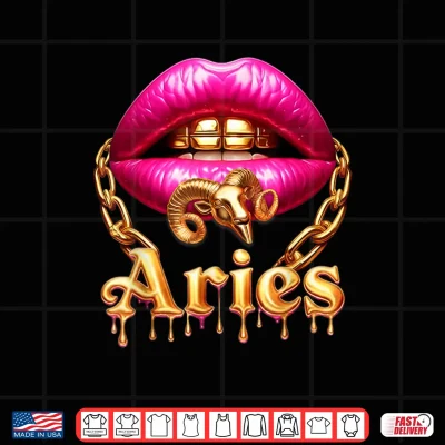 Design Aries Queen Girl Zodiac Birthday Women Pink Lips Gold Chain Shirt