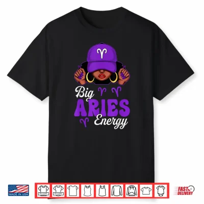 Big Aries Energy Black Woman Purple Cap Zodiac Sign Shirt