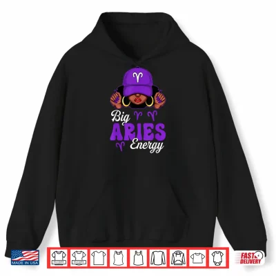 Hoodie Big Aries Energy Black Woman Purple Cap Zodiac Sign Shirt