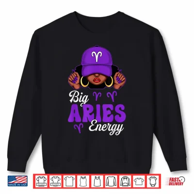 Sweatshirt Big Aries Energy Black Woman Purple Cap Zodiac Sign Shirt 1