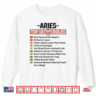 Sweatshirt Zodiac Sign Funny Top 10 Rules Of Aries Graphic Shirt 1