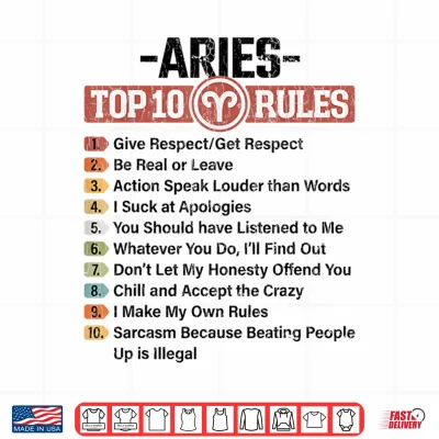 Design Zodiac Sign Funny Top 10 Rules Of Aries Graphic Shirt 1