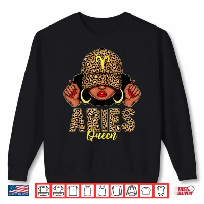 Sweatshirt Aries Queen Black Woman Leopard Cap Hat Zodiac Birthday Shirt