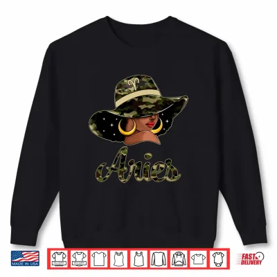 Sweatshirt Aries Queen Black Woman With Hat Camo Afro Woman Zodiac Shirt