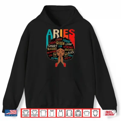 Hoodie Aries Queen Retro Afro Black Women Zodiac Sign Shirt
