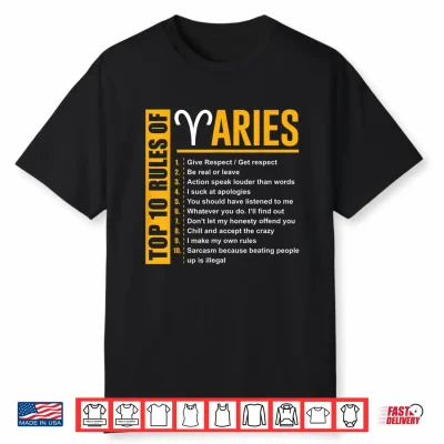 Birthday Gifts Top 10 Rules Of Aries Zodiac Shirt