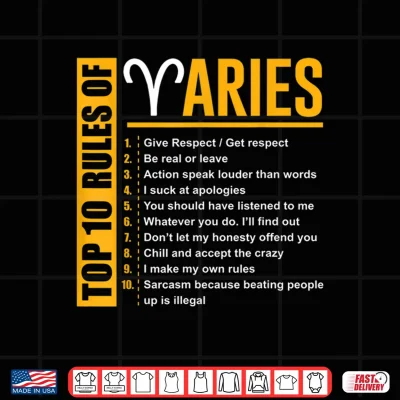 Design Birthday Gifts Top 10 Rules Of Aries Zodiac Shirt