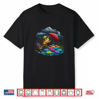 Cute Frog In Rain Colorful Umbrella Pond Shirt