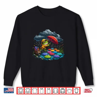 Sweatshirt Cute Frog In Rain Colorful Umbrella Pond Shirt