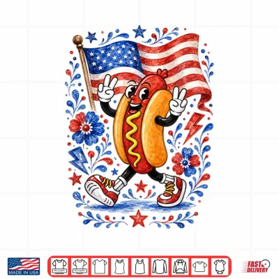 Design Patriotic Hot Dog Peace Sign USA Flag 4th of July Shirt