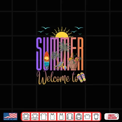 Design Welcome to Summer Beach Vacation Retro Sunset Palm Vibes Shirt