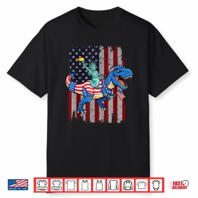 Dinosaur Statue Of Liberty 4Th Of July American Flag Boys Shirt