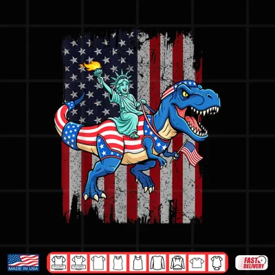 Design Dinosaur Statue of Liberty 4th of July American Flag Boys Shirt