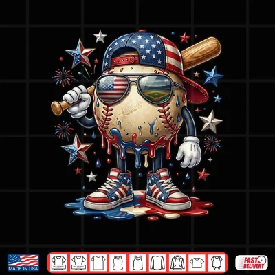 Design Patriotic Baseball Drip American Flag Cap 4th of July Sports Shirt