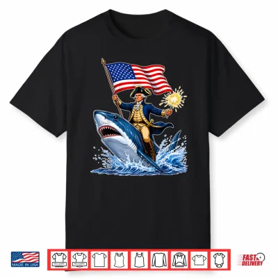 4Th Of July Funny George Washington Riding Shark Usa Flag Shirt