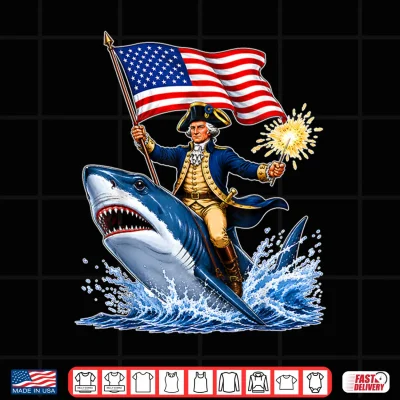 Design 4th of July Funny George Washington Riding Shark USA Flag Shirt