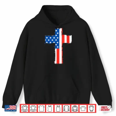 Hoodie Cross Red White Blue American Flag July 4th Independence Day Shirt