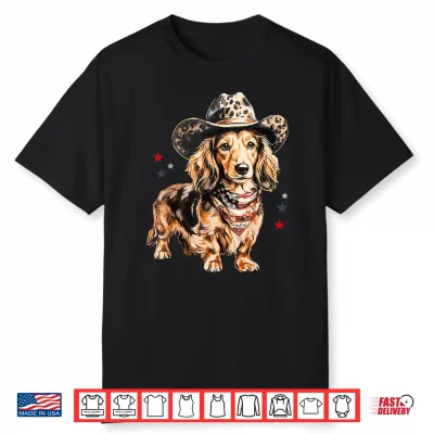 Dachshund Cowboy Hat Leopard Doxie American Flag 4Th Of July Shirt