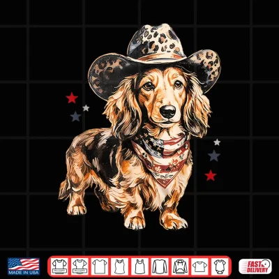 Design Dachshund Cowboy Hat Leopard Doxie American Flag 4th of July Shirt