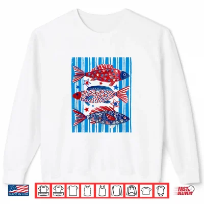 Sweatshirt Floral American Flag Stripes Fish 4th of July Summer Lake Shirt