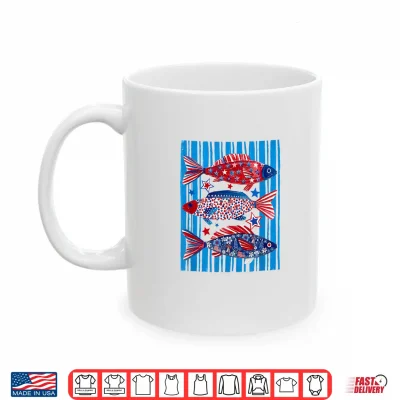Mug Floral American Flag Stripes Fish 4th of July Summer Lake Shirt