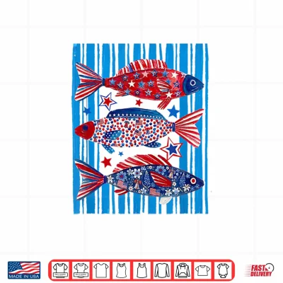Design Floral American Flag Stripes Fish 4th of July Summer Lake Shirt