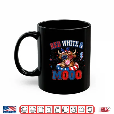 Mug Red White and Moo Highland Cow 4th July 250 Years Patriotic Shirt