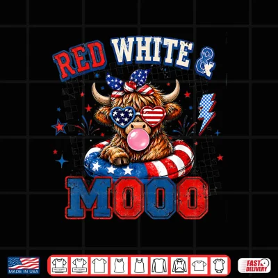 Design Red White and Moo Highland Cow 4th July 250 Years Patriotic Shirt