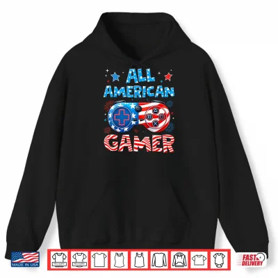 Hoodie All American Gamer 4th of July Game Controller Funny Boy Men Shirt