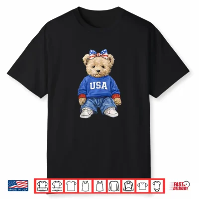 Cute Patriotic Bear Usa 4Th Of July American Coquette Bow Shirt