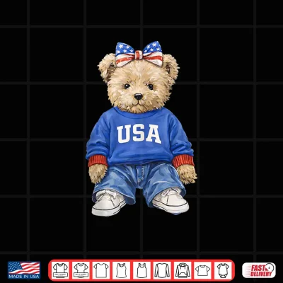 Design Cute Patriotic Bear USA 4th of July American Coquette Bow Shirt