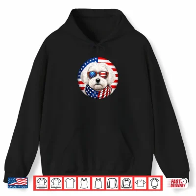 Hoodie Patriotic American Flag Maltese Dog Sunglasses 4th of July Shirt