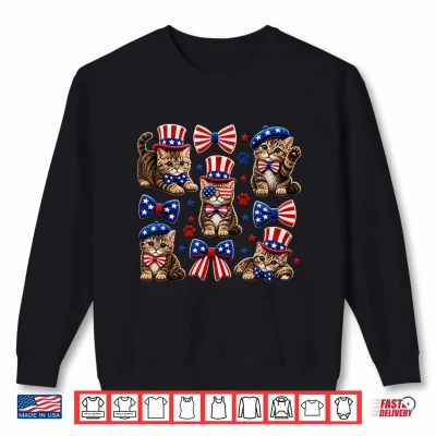 Sweatshirt Patriotic Cat 4th of July Bow American Flag Girls Women Shirt
