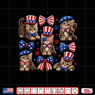 Design Patriotic Cat 4th of July Bow American Flag Girls Women Shirt